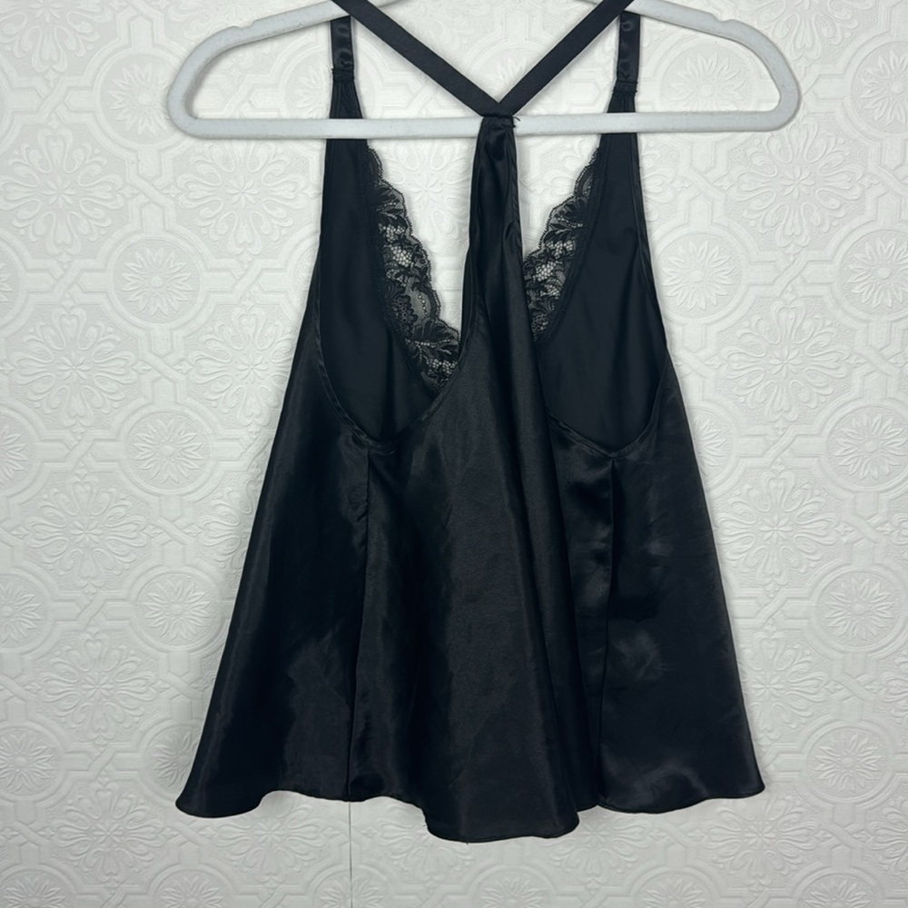 Flora Nikrooz Satin Silky Tank Top Lingerie Secy‎ Lacey Lace Black Pjs Pajamas - Picture 5 of 5